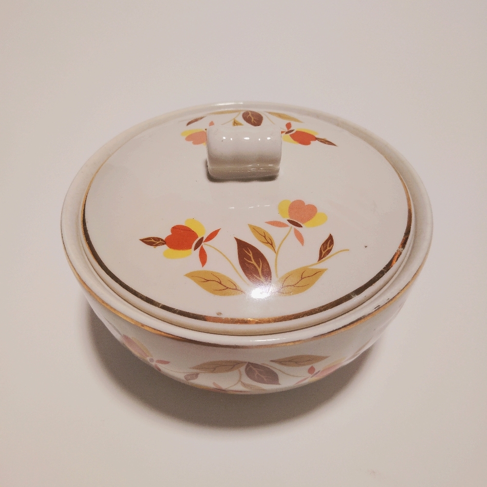 Hall's Superior Jewel Tea Autumn Leaf Drip Jar Bowl w/Lid Gilding Vtg Farmhouse - Picture 10 of 11